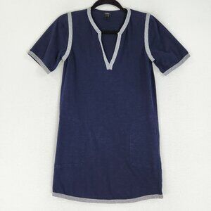 J Crew Dress Womens Extra Small Navy Blue V Neck Tunic Cotton Shift Short Sleeve